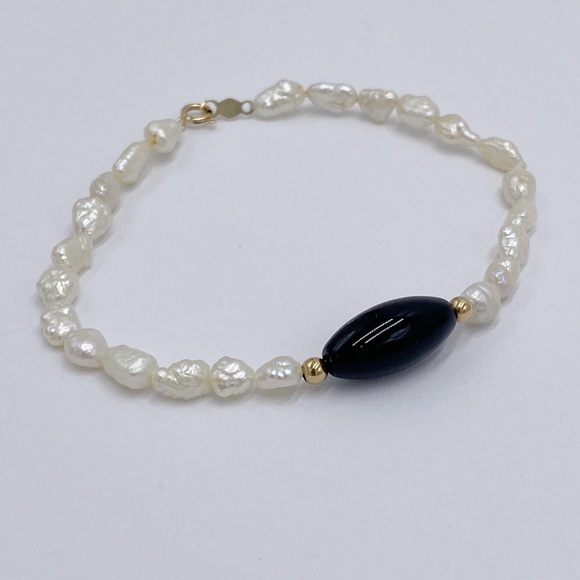 14k Gold Freshwater Pearl & Onyx Bead Bracelet - Picture 1 of 9